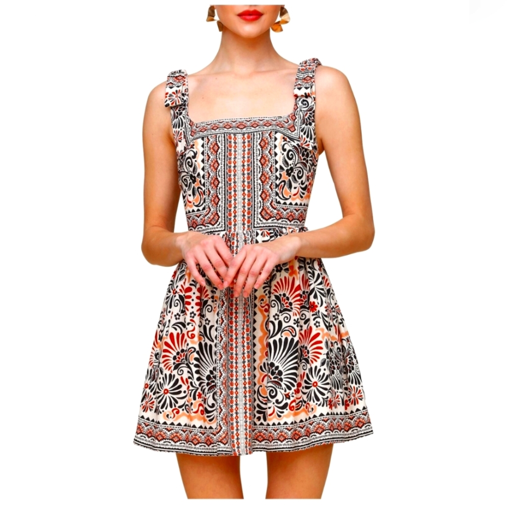 Linen Blend Tile Print Mini Dress
